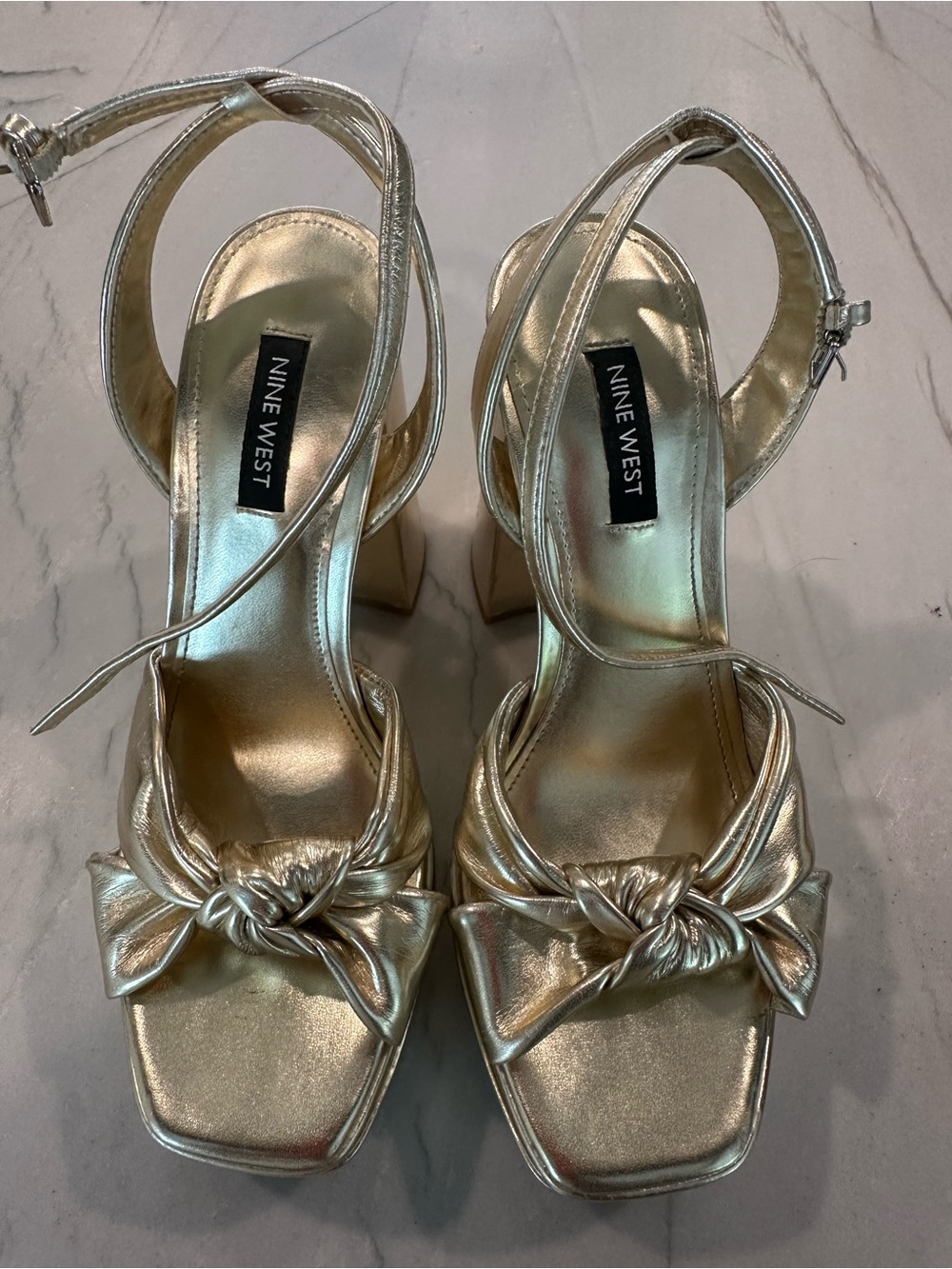 Nine West Metallic Gold Knot Front Block Heel Sandals